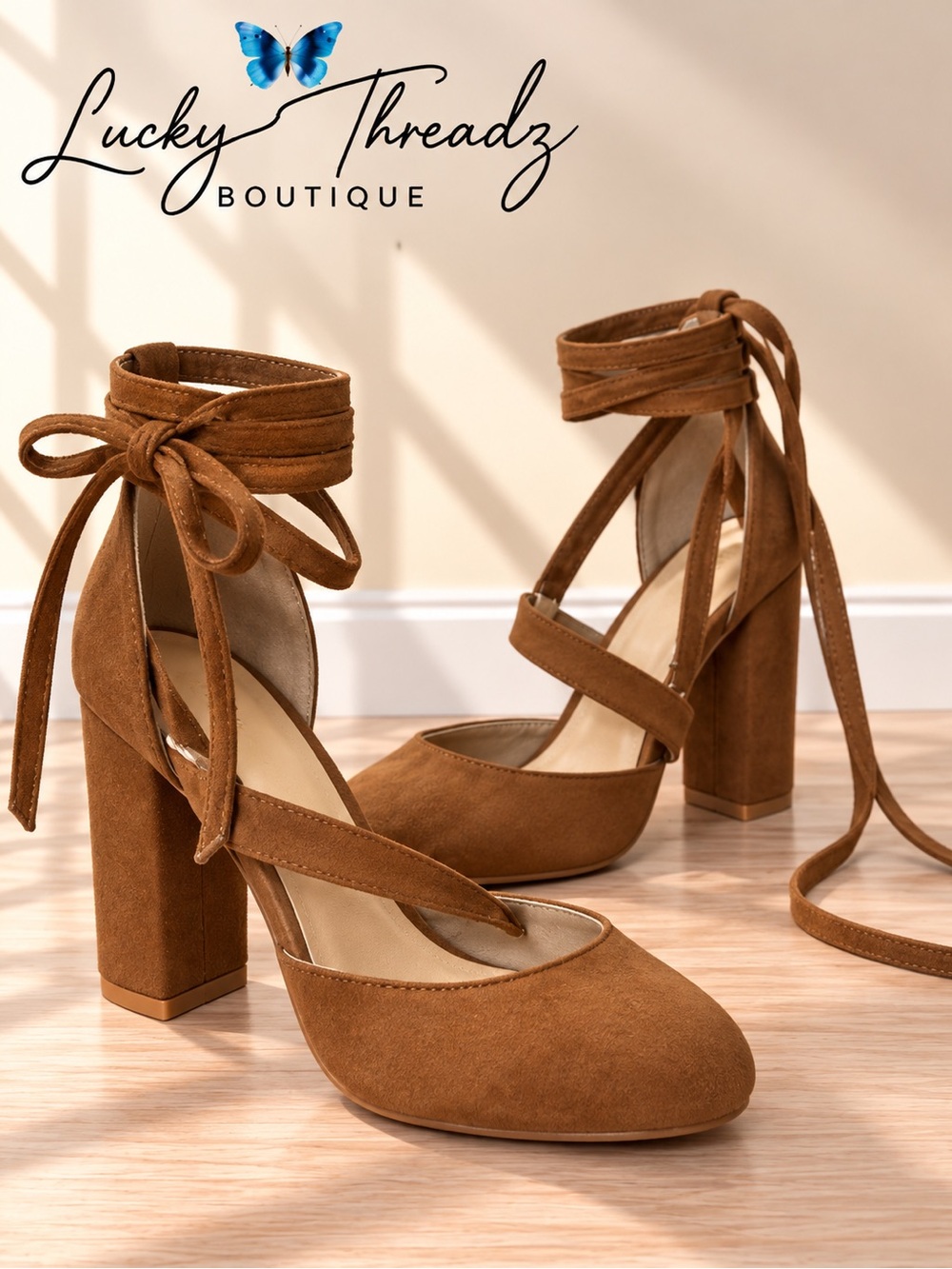 Faux Suede Lace Up Ankle Wrap Block Heel Pumps Tan Brown Size 38 US 7.5